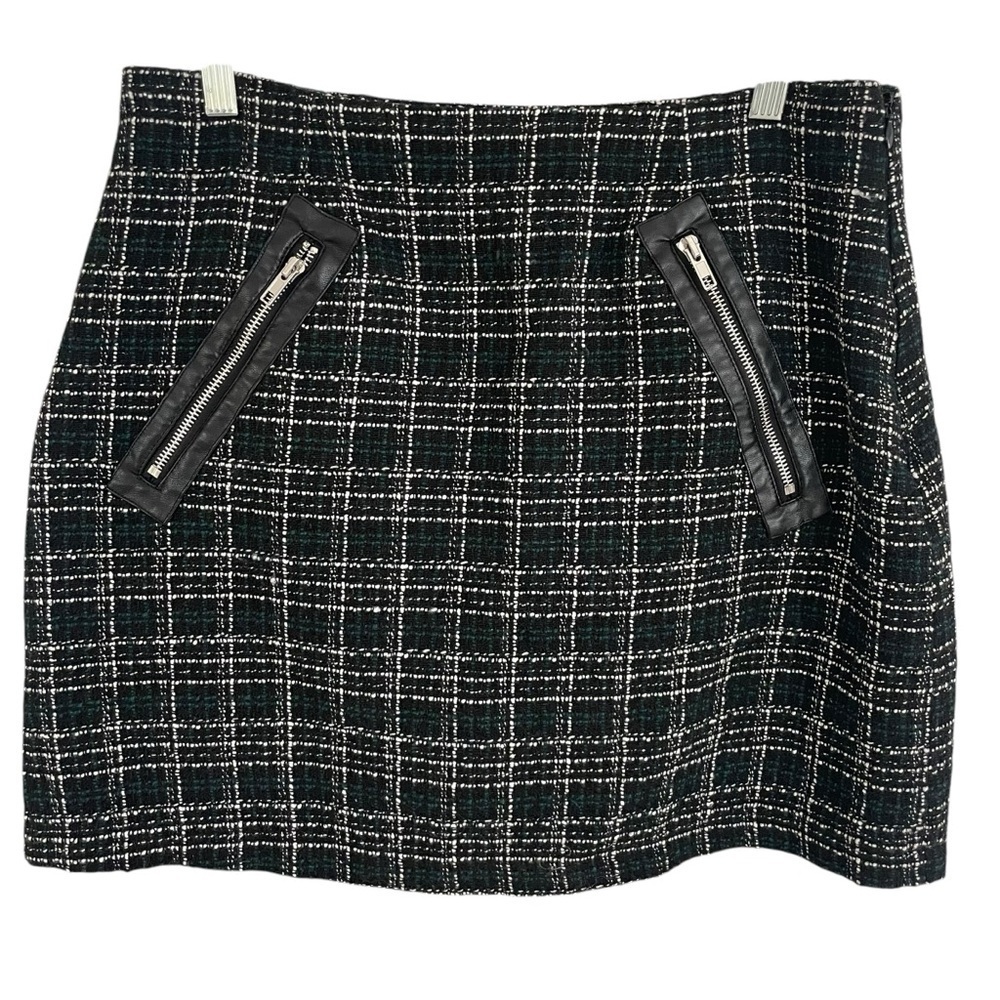 Green Plaid Mini Skirt Faux Leather Zipper Accents